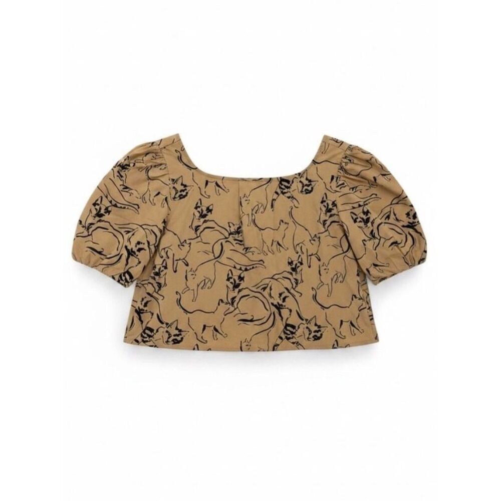Anthropologie Maeve Puff-Sleeve Swing Blouse Brown Cat Sketch Size XS